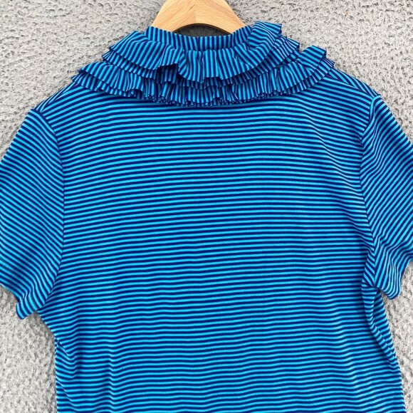Soft Surroundings Top Womens Medium Blue Striped Ruffle V Neck Short Sleeve Knit - Picture 4 of 10